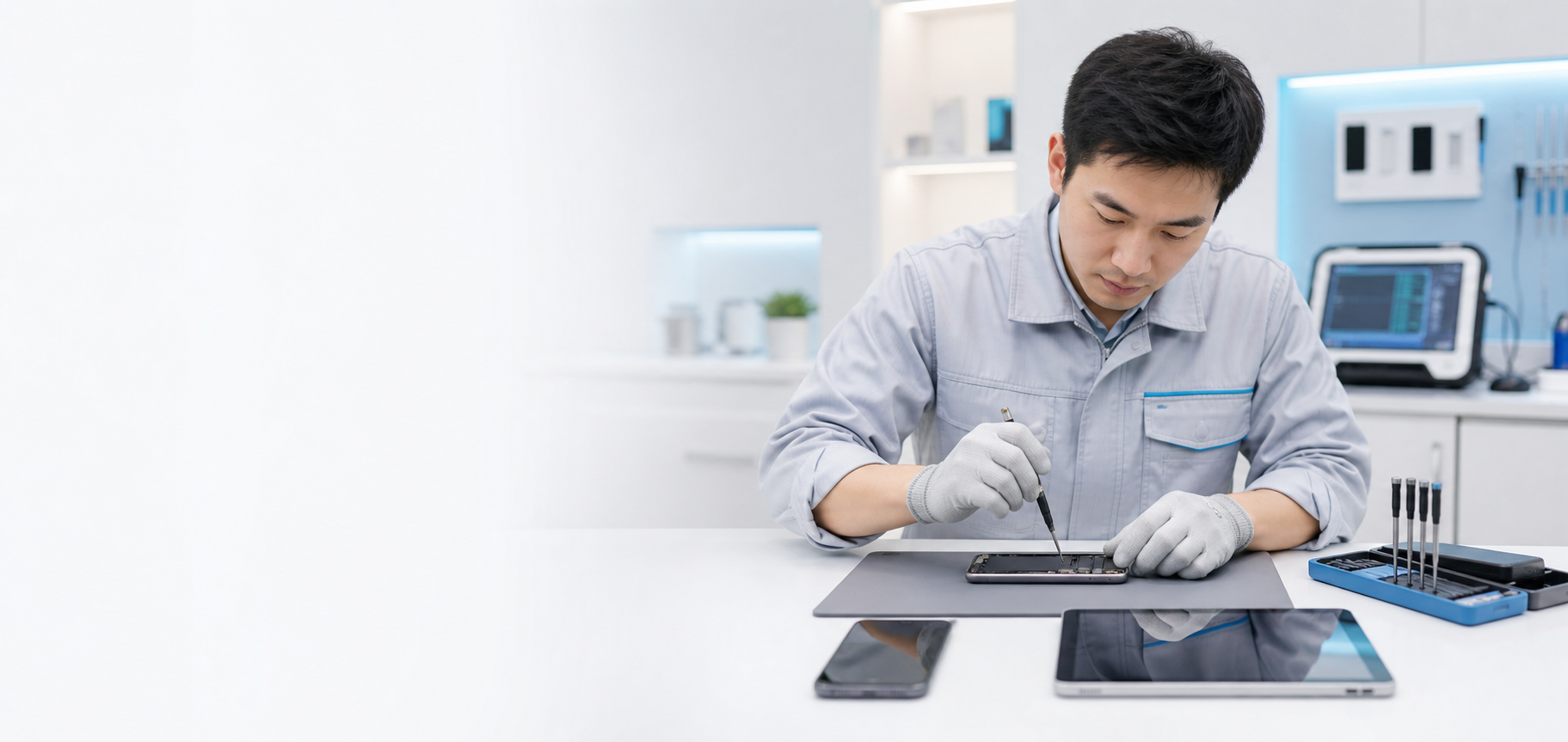 ช่าง Galaxy M.Fixit ตรวจซ่อมโทรศัพท์ Samsung ในศูนย์บริการที่สว่างสะอาด